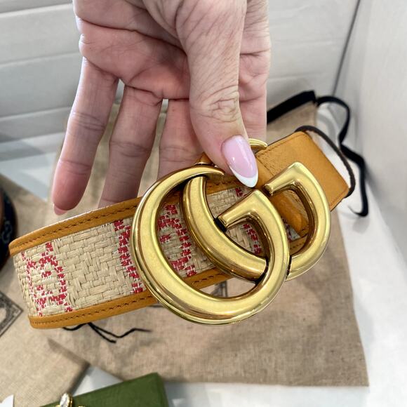 Gucci GG Marmont G Print Raffia Straw Wide Belt 90 Tan Pink Yellow - Picture 7 of 16